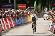 17 August 2022; Joanna Patterson of Ireland crosses the finish line in the Women's Individual Time Trial during day 7 in Fürstenfeldbruck, Germany. Photo by Ben McShane/Sportsfile