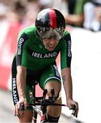 17 August 2022; Kelly Murphy of Ireland reacts as she crosses the finish line in the Women's Individual Time Trial during day 7 in Fürstenfeldbruck, Germany. Photo by Ben McShane/Sportsfile