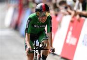 17 August 2022; Kelly Murphy of Ireland reacts as she crosses the finish line in the Women's Individual Time Trial during day 7 in Fürstenfeldbruck, Germany. Photo by Ben McShane/Sportsfile