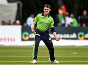 17 August 2022; Josh Little of Ireland celebrates claiming the wicket of Mohammad Nabi of Afghanistan during the Men's T20 International match between Ireland and Afghanistan at Stormont in Belfast. Photo by Harry Murphy/Sportsfile