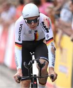 17 August 2022; Maximilian Richard Walscheid of Germany reacts as he crosses the finish line, after a crash during the stage, in the Men's Individual Time Trial during day 7 in Fürstenfeldbruck, Germany. Photo by Ben McShane/Sportsfile