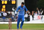 17 August 2022; Mujeeb Zadran of Afghanistan celebrates the wicket of Paul Stirling of Ireland during the Men's T20 International match between Ireland and Afghanistan at Stormont in Belfast. Photo by Harry Murphy/Sportsfile