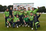 17 August 2022; Ireland captain Andrew Balbirnie lifts the trophy with teammates after the Men's T20 International match between Ireland and Afghanistan at Stormont in Belfast. Photo by Harry Murphy/Sportsfile