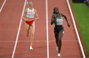 17 August 2022; Rhasidat Adeleke of Ireland, right, on her way to finishing fifth in the women's 400m final with a new national record of 50.53 during day 7 of the European Championships 2022 at the Olympiastadion in Munich, Germany. Photo by Ben McShane/Sportsfile