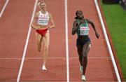 17 August 2022; Rhasidat Adeleke of Ireland, right, on her way to finishing fifth in the women's 400m final with a new national record of 50.53 during day 7 of the European Championships 2022 at the Olympiastadion in Munich, Germany. Photo by Ben McShane/Sportsfile