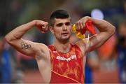 17 August 2022; Asier Martinez of Spain celebrates after winning the Men's 110m hurdles final during day 7 of the European Championships 2022 at the Olympiastadion in Munich, Germany. Photo by David Fitzgerald/Sportsfile
