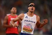 17 August 2022; Pascal Martinot-Lagarde of France celebrates as he crosses the line in second the Men's 110m hurdles final during day 7 of the European Championships 2022 at the Olympiastadion in Munich, Germany. Photo by David Fitzgerald/Sportsfile