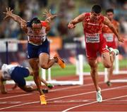 17 August 2022; Asier Martinez of Spain, right, crosses the line ahead of second place Pascal Martinot-Lagarde of France to win the Men's 110m hurdles final during day 7 of the European Championships 2022 at the Olympiastadion in Munich, Germany. Photo by David Fitzgerald/Sportsfile