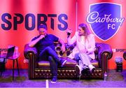 17 August 2022; Cadbury FC and Off the Ball teamed up for a special night of football at a jam-packed Vicar Street with Ian Wright, Emma Byrne, Karen Carney and Michael Owen. Everything from looking ahead to the season to the growth of women’s game was discussed and all ticket proceeds are going towards supporting women’s grassroots football. T&Cs apply. Pictured is Michael Owen and Emma Byrne at Vicar Street in Dublin. Photo by Stephen McCarthy/Sportsfile