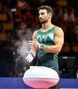 18 August 2022; Daniel Fox of Ireland powders his hands before competing in the Men's Pommel Horse during day 8 of the European Championships 2022 at the Olympiahalle in Munich, Germany. Photo by Ben McShane/Sportsfile