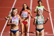18 August 2022; Louise Shanahan of Ireland, right, celebrates as she crosses the line to finish third in her Women's 800m heat during day 8 of the European Championships 2022 at the Olympiastadion in Munich, Germany. Photo by David Fitzgerald/Sportsfile