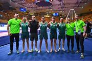 18 August 2022; Ireland Gymnastics team, from left, National coach Luke Carson, Eamon Montgomery, Rhys McClenaghan, Dominick Cunningham, Ewan McAteer, Daniel Fox, physiotherapist Julianne Ryan and coach Conor McGovern during day 8 of the European Championships 2022 at the Olympiahalle in Munich, Germany. Photo by Ben McShane/Sportsfile