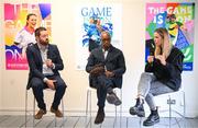 18 August 2022; Nathan Murphy, left, alongside Ian Wright, centre, and Emma Byrne, right, answer questions from the audience at Temple Bar Gallery & Studios in Dublin, during the launch of Cadbury's brand-new initiative to help support Irish women’s grassroots football, ‘The Game is On’. As the grassroots season gets underway, Cadbury have teamed up with ten clubs nationwide to help them promote their club on a local level with the creation of uniquely designed posters. Cadbury have created the ‘The Game is On’ initiative to ensure grassroots women’s teams get the visibility they deserve, with the aim of driving more interest in their clubs. For more information see https://womensfootball.cadbury.ie Photo by Stephen McCarthy/Sportsfile