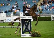 18 August 2022; Alexander Butler on Pico refuse's a jump while competing in the Clayton Hotel Ballsbridge Speed Derby during the Longines FEI Dublin Horse Show at the RDS in Dublin. Photo by Oliver McVeigh/Sportsfile
