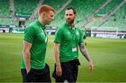 18 August 2022; Chris McCann, right, and Rory Gaffney of Shamrock Rovers before the UEFA Europa League play-off first leg between Ferencváros and Shamrock Rovers at Groupama Aréna in Budapest, Hungary. Photo by Alex Nicodim/Sportsfile