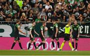 18 August 2022; Shamrock Rovers players, including Sean Hoare, react after their side conceded their first goal during the UEFA Europa League play-off first leg between Ferencváros and Shamrock Rovers at Groupama Aréna in Budapest, Hungary. Photo by Alex Nicodim/Sportsfile