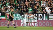 18 August 2022; Ferencváros players celebrate after Carlos Auzqui scored their side's first goal during the UEFA Europa League play-off first leg between Ferencváros and Shamrock Rovers at Groupama Aréna in Budapest, Hungary. Photo by Alex Nicodim/Sportsfile