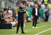 18 August 2022; Shamrock Rovers manager Stephen Bradley during the UEFA Europa League play-off first leg between Ferencváros and Shamrock Rovers at Groupama Aréna in Budapest, Hungary. Photo by Alex Nicodim/Sportsfile
