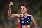 18 August 2022; Jakob Ingebrigtsen of Norway celebrates after winning the Men's 1500m Final during day 8 of the European Championships 2022 at the Olympiastadion in Munich, Germany. Photo by David Fitzgerald/Sportsfile