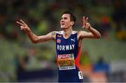 18 August 2022; Jakob Ingebrigtsen of Norway celebrates after winning the Men's 1500m Final during day 8 of the European Championships 2022 at the Olympiastadion in Munich, Germany. Photo by David Fitzgerald/Sportsfile