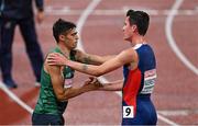 18 August 2022; Jakob Ingebrigtsen of Norway, right, and Andrew Coscoran of Ireland after the Men's 1500m Final during day 8 of the European Championships 2022 at the Olympiastadion in Munich, Germany. Photo by Ben McShane/Sportsfile