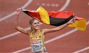 18 August 2022; Konstanze Klosterhalfen of Germany celebrates after winning the Women's 5000m Final during day 8 of the European Championships 2022 at the Olympiastadion in Munich, Germany. Photo by Ben McShane/Sportsfile
