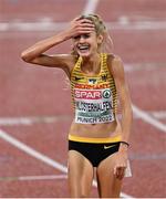 18 August 2022; Konstanze Klosterhalfen of Germany celebrates after winning the Women's 5000m Final during day 8 of the European Championships 2022 at the Olympiastadion in Munich, Germany. Photo by Ben McShane/Sportsfile
