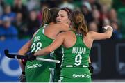 18 August 2022; Róisín Upton of Ireland, centre, celebrates with Deirdre Duke and Katie Mullan after scoring her side's third goal during the Women’s 2022 EuroHockey Championship Qualifier match between Ireland and Poland at Sport Ireland Campus in Dublin. Photo by Oliver McVeigh/Sportsfile