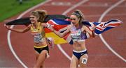 18 August 2022; Konstanze Klosterhalfen of Germany, left, and Eilish McColgan of Great Britain celebrate after the Women's 5000m Final during day 8 of the European Championships 2022 at the Olympiastadion in Munich, Germany. Photo by Ben McShane/Sportsfile
