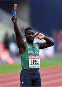 19 August 2022; Israel Olatunde of Ireland before competing in the Men's 4x100m Relay during day 9 of the European Championships 2022 at the Olympiastadion in Munich, Germany. Photo by Ben McShane/Sportsfile