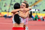19 August 2022; Magdalena Stefanowicz, right, and Ewa Swoboda of Poland celebrate after finishing 3rd to qualify for the Women's 4x100m Final during day 9 of the European Championships 2022 at the Olympiastadion in Munich, Germany. Photo by Ben McShane/Sportsfile
