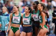 19 August 2022; The Ireland Women's 4x400m Relay team, from left, Sophie Becker, Phil Healy, Rhasidat Adeleke and Sharlene Mawdsley celebrate after finishing second to qualify for the Women's 4x400m Relay Final during day 9 of the European Championships 2022 at the Olympiastadion in Munich, Germany. Photo by Ben McShane/Sportsfile