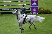 19 August 2022; Max Wachman of Ireland competing on Berlux Z in the Longines FEI Jumping Nations Cup™ of Ireland during the Longines FEI Dublin Horse Show at the RDS in Dublin. Photo by Piaras Ó Mídheach/Sportsfile