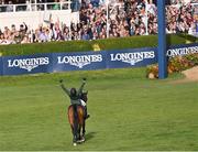 19 August 2022; Conor Swail of Ireland celebrates aboard Count Me In after victory in the Longines FEI Jumping Nations Cup™ of Ireland during the Longines FEI Dublin Horse Show at the RDS in Dublin. Photo by Piaras Ó Mídheach/Sportsfile