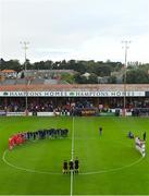 19 August 2022; Both teams and officials stand for a minute's appluase in memory of the late Derek 'Mono' Monaghan before the SSE Airtricity League Premier Division match between Shelbourne and Bohemians at Tolka Park in Dublin. Photo by Ramsey Cardy/Sportsfile
