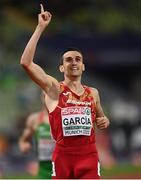 19 August 2022; Mariano Garcia of Spain celebrates after winning Heat 2 of the Men's 800m Semi Final during day 9 of the European Championships 2022 at the Olympiastadion in Munich, Germany. Photo by David Fitzgerald/Sportsfile