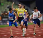 19 August 2022; Andreas Kramer of Sweden celebrates winning Heat 1 of the Men's 800m Semi Final during day 9 of the European Championships 2022 at the Olympiastadion in Munich, Germany. Photo by David Fitzgerald/Sportsfile