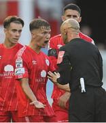19 August 2022; John Ross Wilson of Shelbourne reacts after being shown a red card by referee Neil Doyle during the SSE Airtricity League Premier Division match between Shelbourne and Bohemians at Tolka Park in Dublin. Photo by Ramsey Cardy/Sportsfile