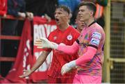 19 August 2022; John Ross Wilson of Shelbourne, left, reacts after being shown a red card during the SSE Airtricity League Premier Division match between Shelbourne and Bohemians at Tolka Park in Dublin. Photo by Ramsey Cardy/Sportsfile