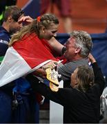 19 August 2022; Femke Bol of Netherlands is congratulated by her parents after winning Women's 400m Hurdles Final during day 9 of the European Championships 2022 at the Olympiastadion in Munich, Germany. Photo by Ben McShane/Sportsfile
