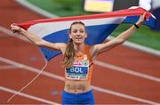 19 August 2022; Femke Bol of Netherlands celebrates after winning Women's 400m Hurdles Final during day 9 of the European Championships 2022 at the Olympiastadion in Munich, Germany. Photo by Ben McShane/Sportsfile