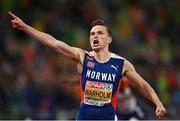 19 August 2022; Karsten Warholm of Norway celebrates after winning the Men's 400m Hurdles Final during day 9 of the European Championships 2022 at the Olympiastadion in Munich, Germany. Photo by David Fitzgerald/Sportsfile