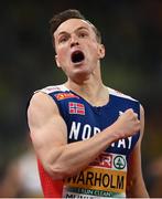 19 August 2022; Karsten Warholm of Norway celebrates after winning the Men's 400m Hurdles Final during day 9 of the European Championships 2022 at the Olympiastadion in Munich, Germany. Photo by David Fitzgerald/Sportsfile