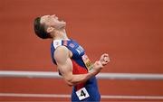 19 August 2022; Karsten Warholm of Norway celebrates after winning the Men's 400m Hurdles Final during day 9 of the European Championships 2022 at the Olympiastadion in Munich, Germany. Photo by Ben McShane/Sportsfile
