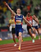 19 August 2022; Karsten Warholm of Norway celebrates after winning the Men's 400m Hurdles Final during day 9 of the European Championships 2022 at the Olympiastadion in Munich, Germany. Photo by David Fitzgerald/Sportsfile