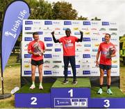 20 August 2022; Men's race top three, Peter Somba of Dunboyne AC, Meath, centre, first, Josh O'Sullivan Hourihan of Donore Harriers AC, Dublin, left, second, and Martin Hoare of Celbridge AC, Kildare, third, during the Irish Life Dublin Race Series Frank Duffy 10 Mile in Phoenix Park in Dublin. Photo by Sam Barnes/Sportsfile