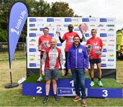 20 August 2022; Irish Life Chief Executive Declan Bolger, front right, and Civil Service Harriers Chairperson Owen McFeely, front left, with men's race top three, Peter Somba of Dunboyne AC, Meath, centre, first, Josh O'Sullivan Hourihan of Donore Harriers AC, Dublin, left, second, and Martin Hoare of Celbridge AC, Kildare, third, during the Irish Life Dublin Race Series Frank Duffy 10 Mile in Phoenix Park in Dublin. Photo by Sam Barnes/Sportsfile