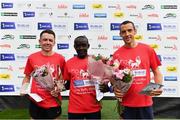 20 August 2022; Men's race top three, Peter Somba of Dunboyne AC, Meath, centre, first, Josh O'Sullivan Hourihan of Donore Harriers AC, Dublin, left, second, and Martin Hoare of Celbridge AC, Kildare, third, during the Irish Life Dublin Race Series Frank Duffy 10 Mile in Phoenix Park in Dublin. Photo by Sam Barnes/Sportsfile