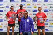 20 August 2022; Irish Life Chief Executive Officer Declan Bolger with men's race top three, Peter Somba of Dunboyne AC, Meath, centre, first, Josh O'Sullivan Hourihan of Donore Harriers AC, Dublin, left, second, and Martin Hoare of Celbridge AC, Kildare, third, during the Irish Life Dublin Race Series Frank Duffy 10 Mile in Phoenix Park in Dublin. Photo by Sam Barnes/Sportsfile