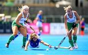 20 August 2022; Veronika Pribikova of Czech Republic in action against Caoimhe Perdue, left, and Sarah Hawkshaw of Ireland during the Women's 2022 EuroHockey Championship Qualifier match between Ireland and Czech Republic at Sport Ireland Campus in Dublin. Photo by Stephen McCarthy/Sportsfile